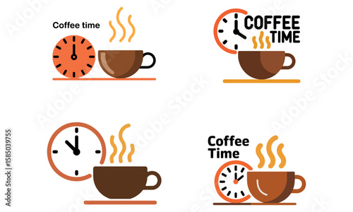 Coffee time icon set with cup and clock symbol representing hot beverage break concept
