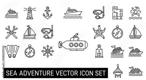 Sea Adventure Vector Icon Set | Boat, anchor, lighthouse, diving, submarine, sailing, compass, ocean