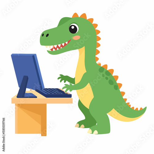Adorable cartoon dinosaur typing on a computer at a desk, showcasing a fun and educational concept for children or playful designs.