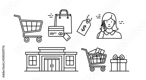 Shopping Icon Set | Line art | Consumerism, retail, purchase, discount, sales, cart, store, price tag, building, bag, credit card, present, deals, lady, talking on a mobile phone