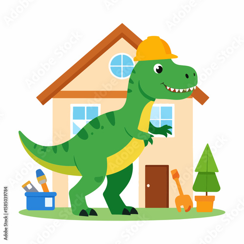 A cartoon illustration of a green T-Rex wearing a yellow hard hat standing in front of a house with tools, a tree, and a smile, representing construction or building.