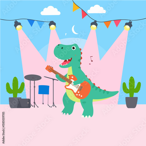 A cheerful cartoon dinosaur rocks the stage with his guitar, surrounded by musical instruments and festive decorations, creating a fun and playful atmosphere.