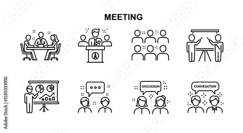 Conference Vector Icon Set | Presentation, discussion, conversation, meeting, speaker, group, chart, talking, podium, audience, talk, seminar icons