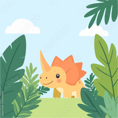 Cute cartoon Triceratops standing in a lush jungle environment, featuring bright colors, whimsical style, and a friendly expression against a blue sky backdrop with clouds.