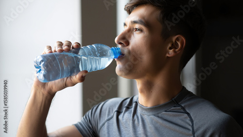 Man drinking water from plastic bottle indoors
