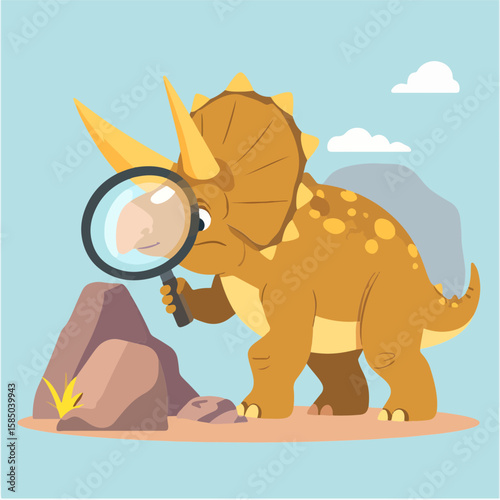 Cartoon Triceratops paleontologist carefully examines a fossil with a magnifying glass, on a light blue backdrop with rocks and a single cloud.