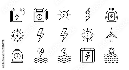 Alternative Energy Vector Icon Set | Renewable, green, eco, sustainable, power, electricity, sun, water, wind, battery, thunder icons