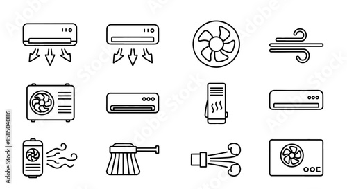 Home Appliance Vector Icon Set | Air conditioner, fan, heater, cleaner, purifier, humidifier, ventilation, climate control icons