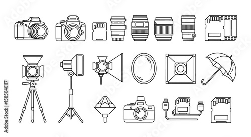 Photography Gear Vector Icon Set – Camera, Lens, SD Card, Tripod, Studio Flash, Reflector, Lightbox, Umbrella, Diffuser, Camera Cable, Memory Card