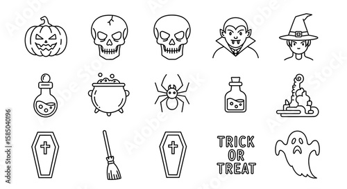 Halloween Vector Icon Set | Pumpkin, skulls, vampire, witch, potion, cauldron, spider, coffin, broom, trick or treat, ghost icons
