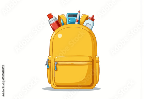 Yellow school backpack filled with supplies on white background  