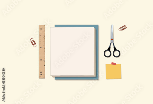 Stationery supplies including scissors, ruler, paper, and notes  