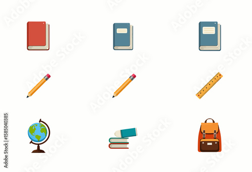 School supplies icons including books, globe, pencil, and backpack  