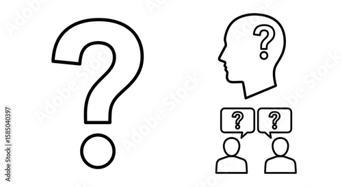 Questioning Minds Vector Icon Set | Idea, confusion, brainstorming, discussion, query, uncertainty, contemplation, speculation, analysis, knowledge, information icons