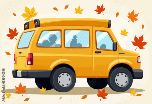 Yellow school bus surrounded by autumn leaves in a playful style  