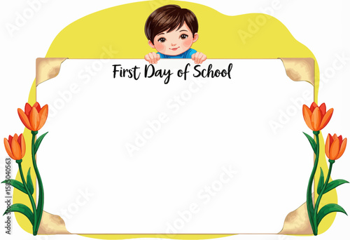 Young boy holding blank sign with tulips for first day of school  