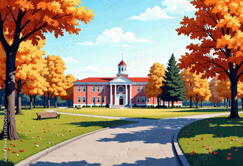 Autumn scene of educational building surrounded by colorful trees  