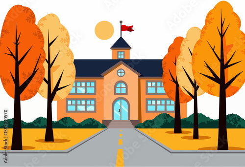 School building with autumn trees and sun in clear sky  