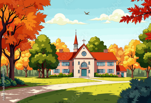 Autumn landscape with a church surrounded by colorful trees  