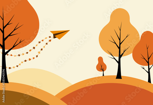 Paper airplane flying over autumn landscape with colorful trees  