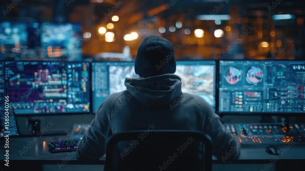 Hacker in a dark hoodie working on multiple computer monitors with colorful data visualizations in a high-tech cyber security or cyber attack scenario at night