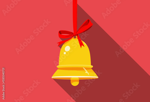Yellow bell hanging with red ribbon on flat red background  