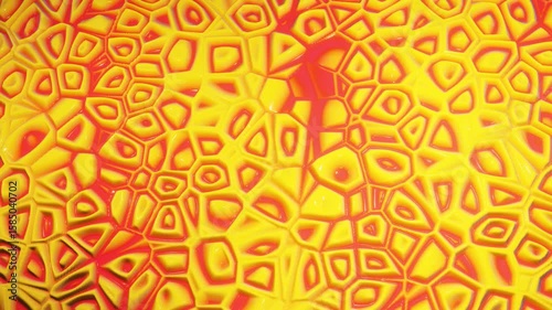 looped festive liquid BG in 4k. Abstract wavy pattern on bright glossy surface, liquid gradient yellow red, waves on paint fluid in smooth animation. Glitters on viscous 3d liquid. Creative backdro