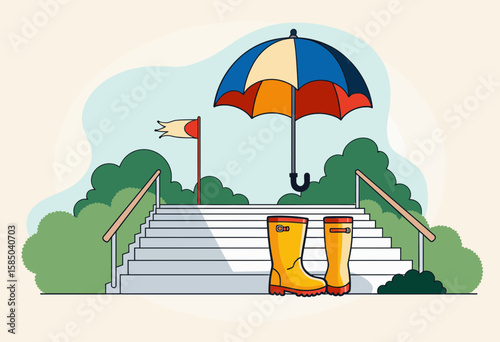 Colorful umbrella and yellow rain boots by stairs in a garden  