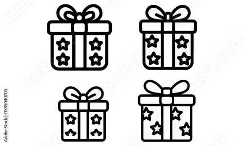 Gift box icon set with star decorations and ribbon bow in line style for celebration concept

