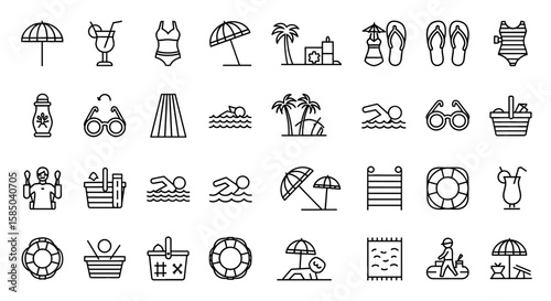 Beach Vacation Vector Icon Set | Swimming, sunbathing, relaxation, umbrellas, swimsuit, water activities, picnic, summer, holidays icons