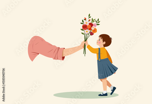 Child receiving flowers from adult hand in colorful illustration  