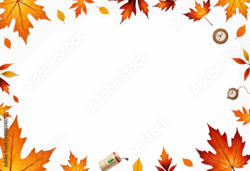 Autumn leaves frame with clock and vintage thermometer  