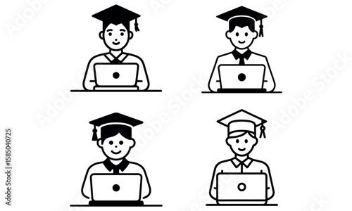 Graduate student icon set with cap and laptop symbolizing online education and success
