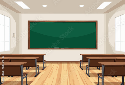 Classroom interior with wooden desks and green chalkboard  