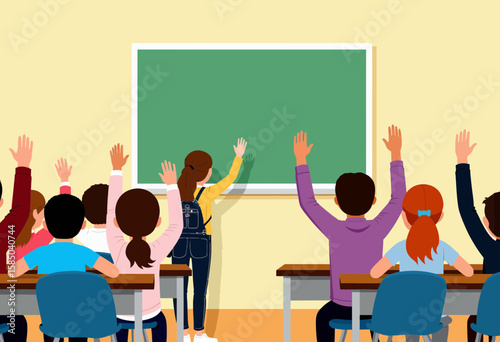 Young students raising hands in classroom during lesson 