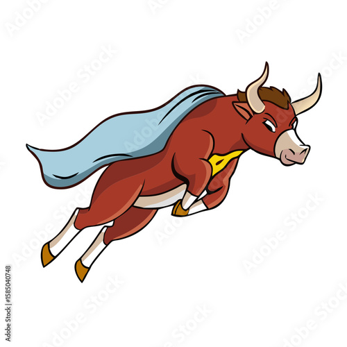 Brown bull super hero cartoon character flying to the rescue 