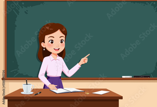 Female teacher explaining lesson in classroom with chalkboard  