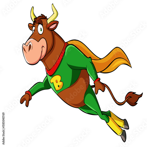 Brown bull super hero cartoon character flying to the rescue 