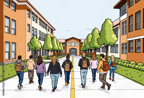 Group of students walking together on school campus in daytime  