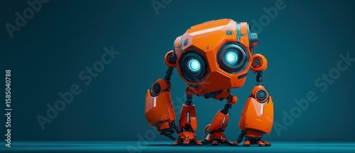 An orange robot with glowing blue eyes stands on a blue surface, showcasing its futuristic design and mechanical details in a studio setting, perfect for tech or sci-fi themes.