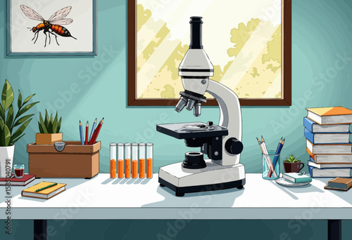 Laboratory microscope on a desk with test tubes and books  