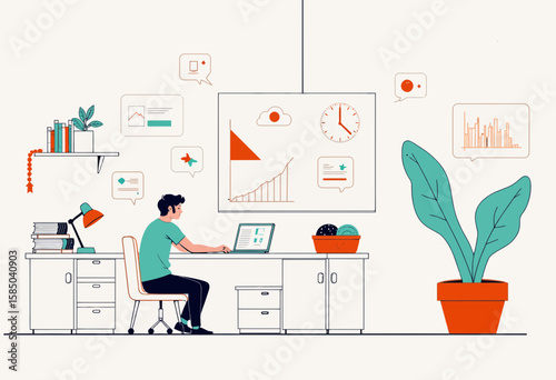 Young man working on laptop at desk with plants and charts