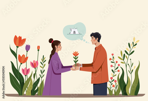 Young couple exchanging flowers with happy thoughts in a floral garden  