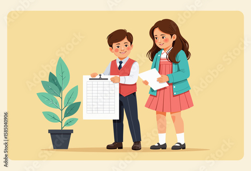 Two children working together with chart and papers by a plant  