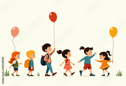 Group of children walking with colorful balloons in a cheerful setting  