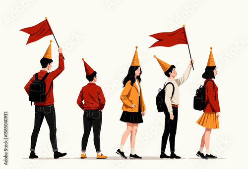 Group of young people holding red flags and wearing party hats  