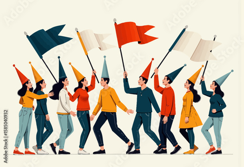 Young diverse group of people celebrating with colorful flags and hats  