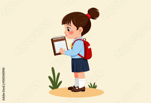 Young girl with backpack holding notebook in outdoor setting  