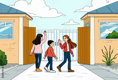 Three children waving while walking towards open gates in neighborhood  