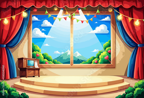 Colorful stage interior with window and mountains in background  